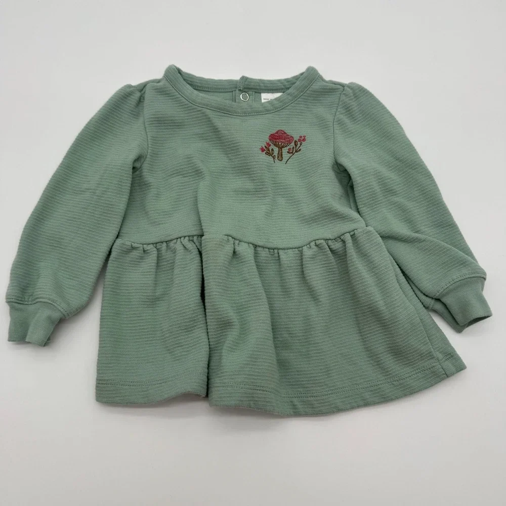 Carter's Baby Girls 18M Sage Green Mushroom Embroidered Long Sleeve Peplum Top